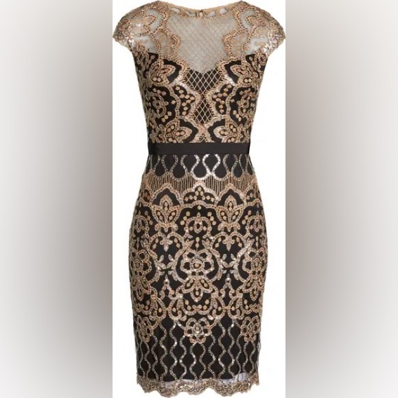 Tadashi Shoji Dresses & Skirts - Tadashi Shoji Sequin Lace Body-Con Cocktail Black Gold Dress Sz 8